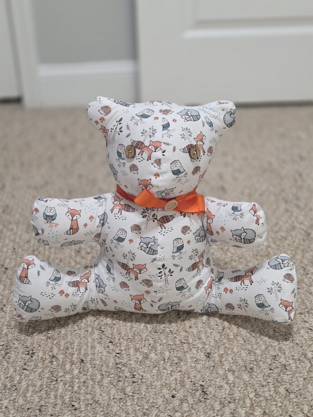 Hand Crafted White Plush Bear with Orange Bow and Woodland Animal Print